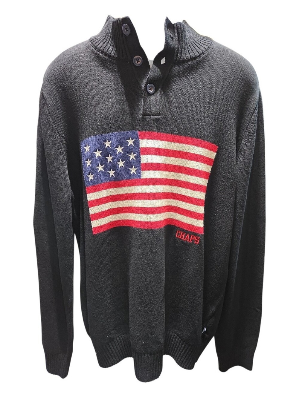 Chaps Men's American Flag Button-Down Knit Sweater, Jet Black Men's Size Large